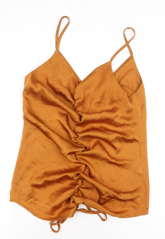 Boohoo Womens Yellow 100% Cotton Basic Blouse Size 10 V-Neck - Ruched