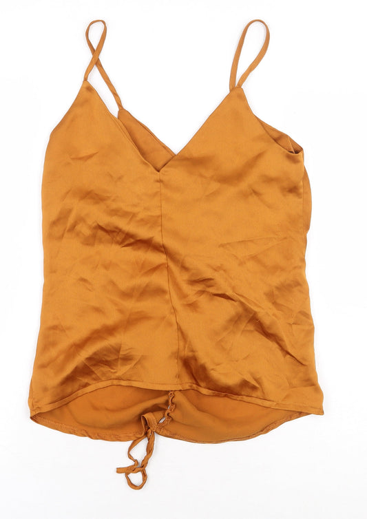 Boohoo Womens Yellow 100% Cotton Basic Blouse Size 10 V-Neck - Ruched