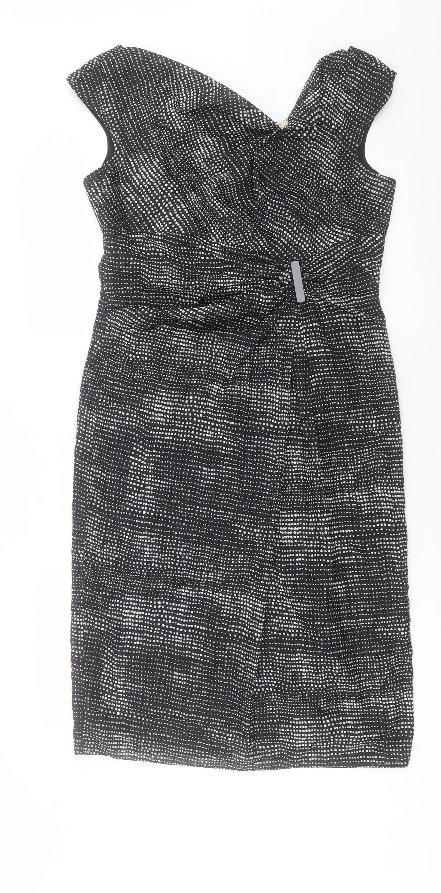 Gina Bacconi Womens Black Geometric Polyester Shift Size 12 Cowl Neck Zip