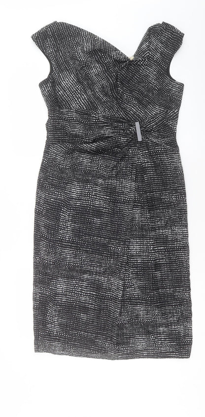 Gina Bacconi Womens Black Geometric Polyester Shift Size 12 Cowl Neck Zip