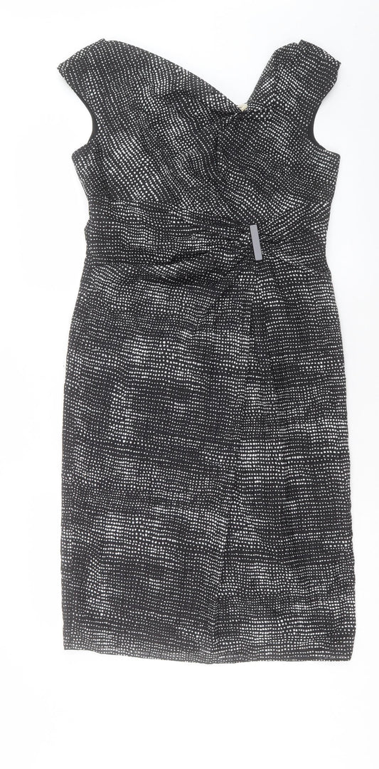 Gina Bacconi Womens Black Geometric Polyester Shift Size 12 Cowl Neck Zip