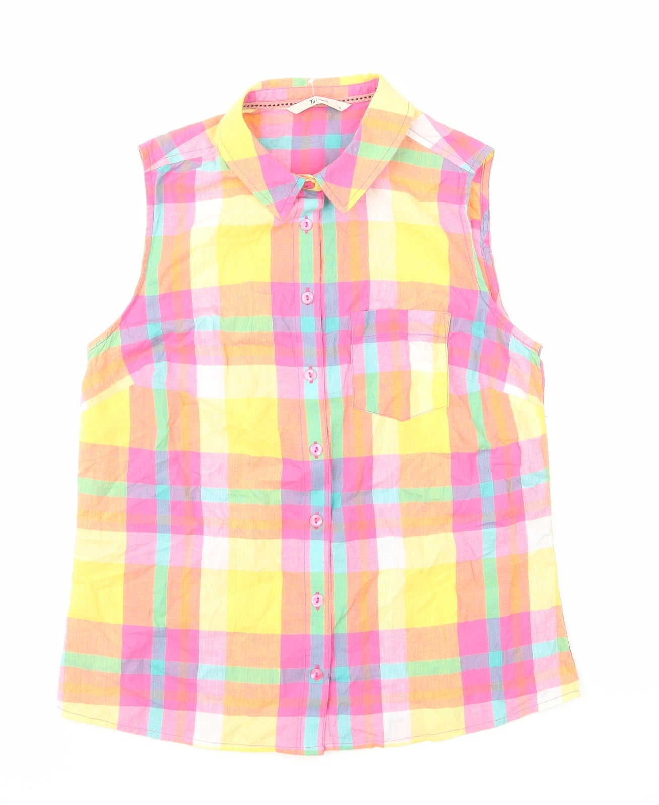 TU Womens Multicoloured Plaid Viscose Basic Button-Up Size 10 Collared