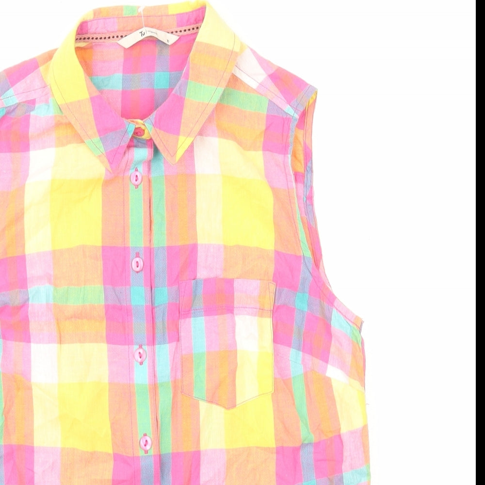 TU Womens Multicoloured Plaid Viscose Basic Button-Up Size 10 Collared