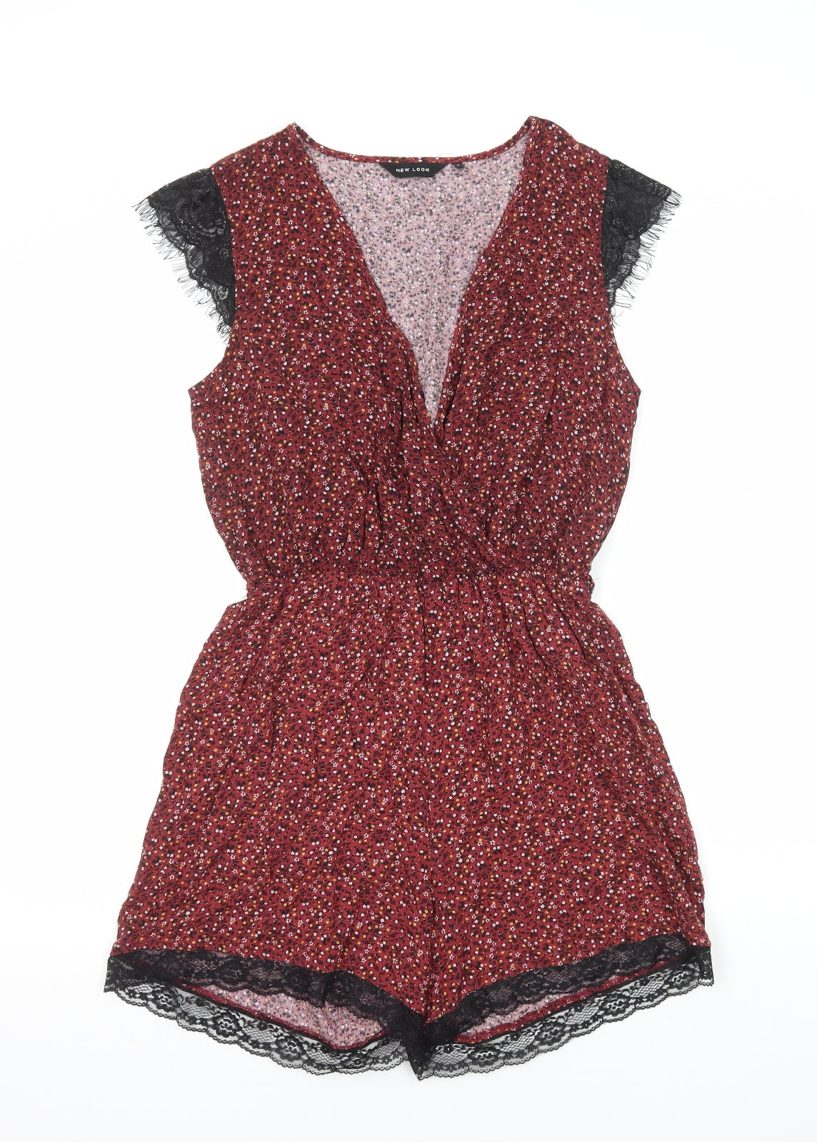 New Look Womens Red Floral Viscose Playsuit One-Piece Size 8 Pullover - Lace Trim