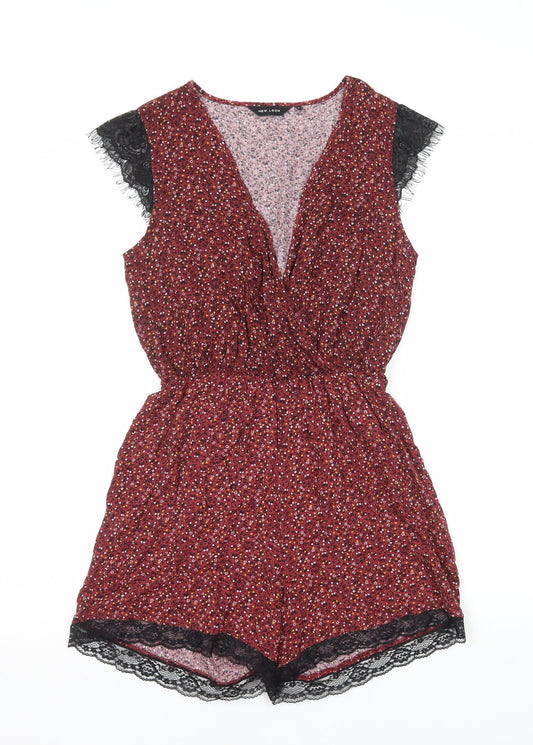 New Look Womens Red Floral Viscose Playsuit One-Piece Size 8 Pullover - Lace Trim