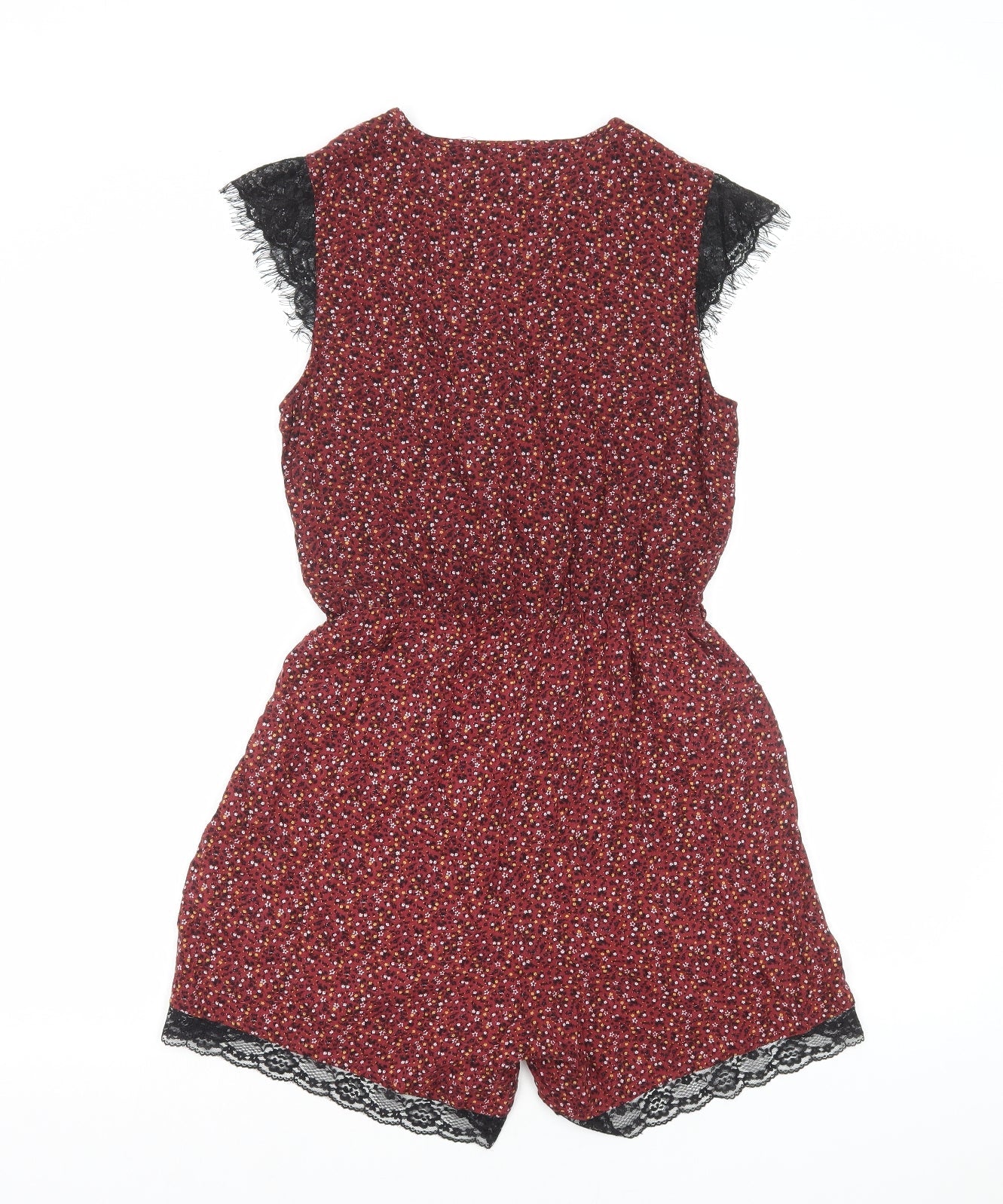New Look Womens Red Floral Viscose Playsuit One-Piece Size 8 Pullover - Lace Trim