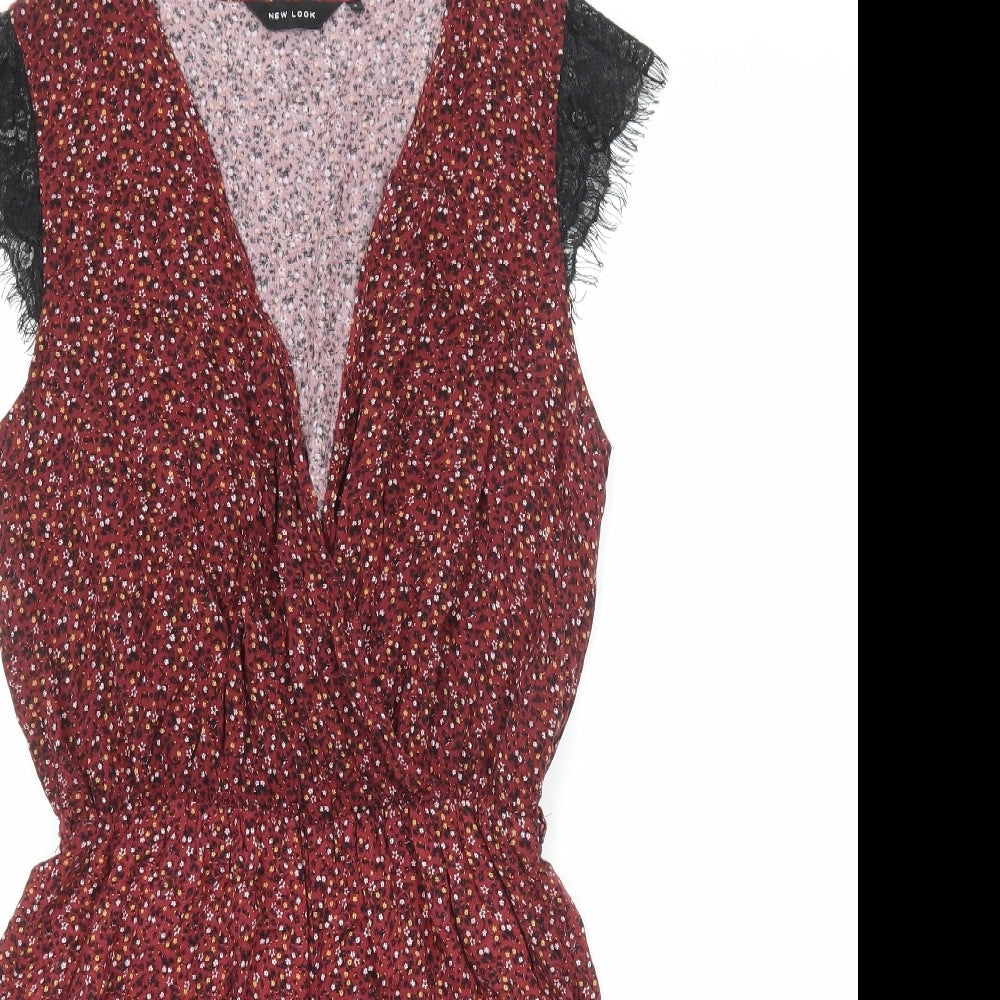 New Look Womens Red Floral Viscose Playsuit One-Piece Size 8 Pullover - Lace Trim
