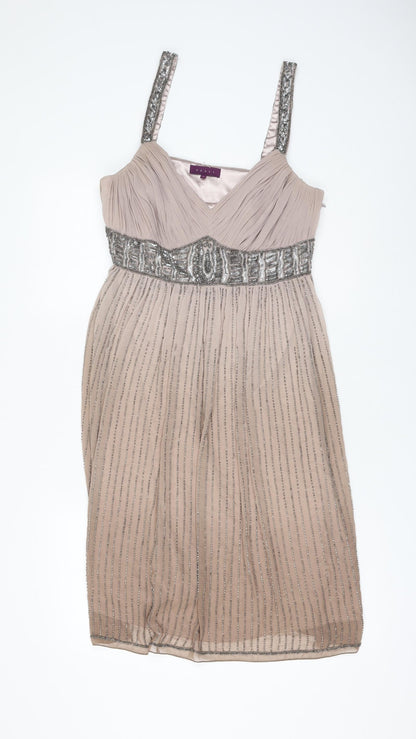 Debut Womens Beige Striped Polyester Shift Size 12 V-Neck Zip