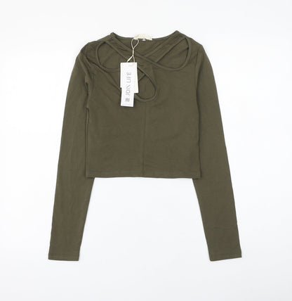 Join Life Womens Green Cotton Cropped T-Shirt Size S V-Neck