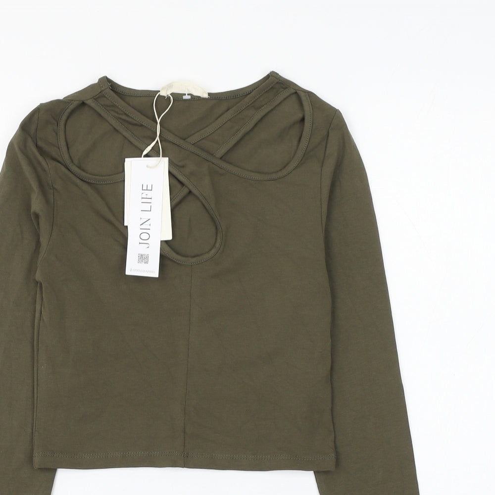 Join Life Womens Green Cotton Cropped T-Shirt Size S V-Neck