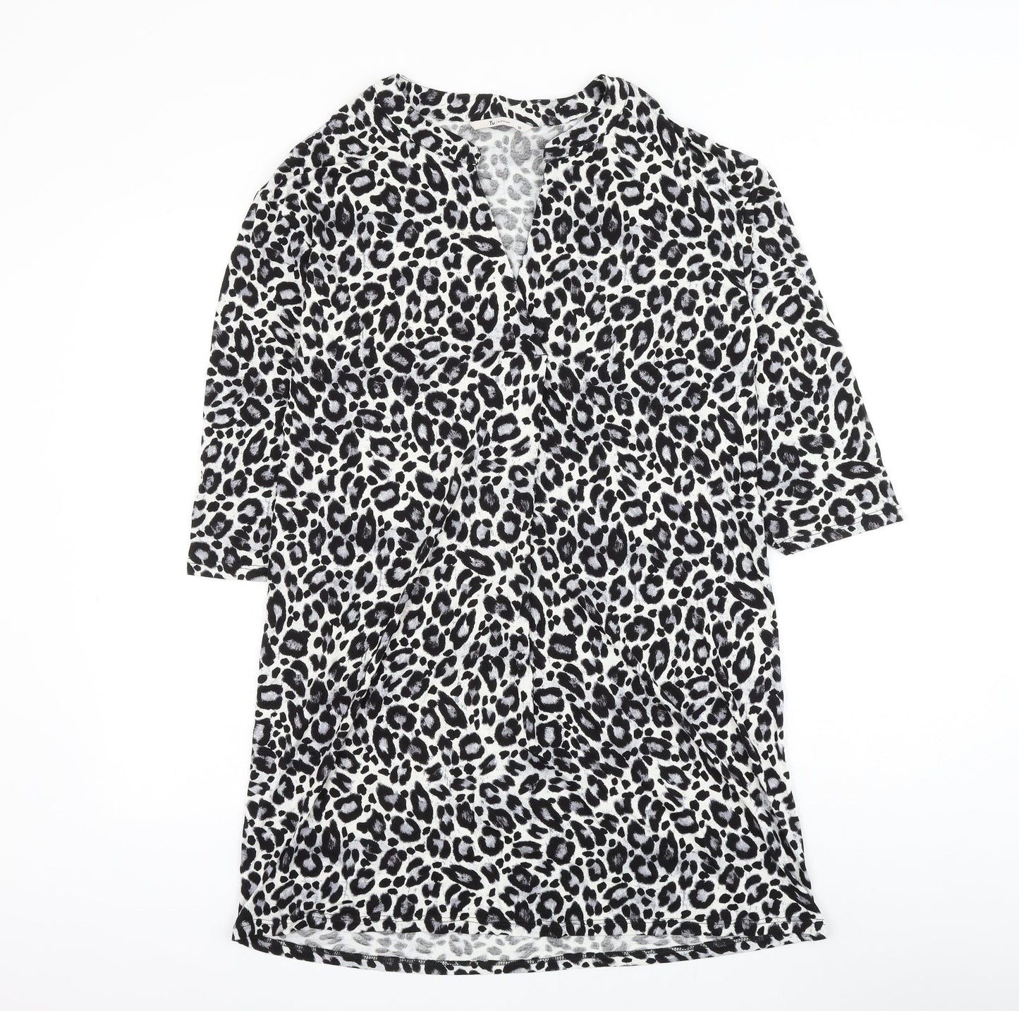 TU Womens White Animal Print Viscose Shift Size 10 V-Neck Pullover - Leopard Print