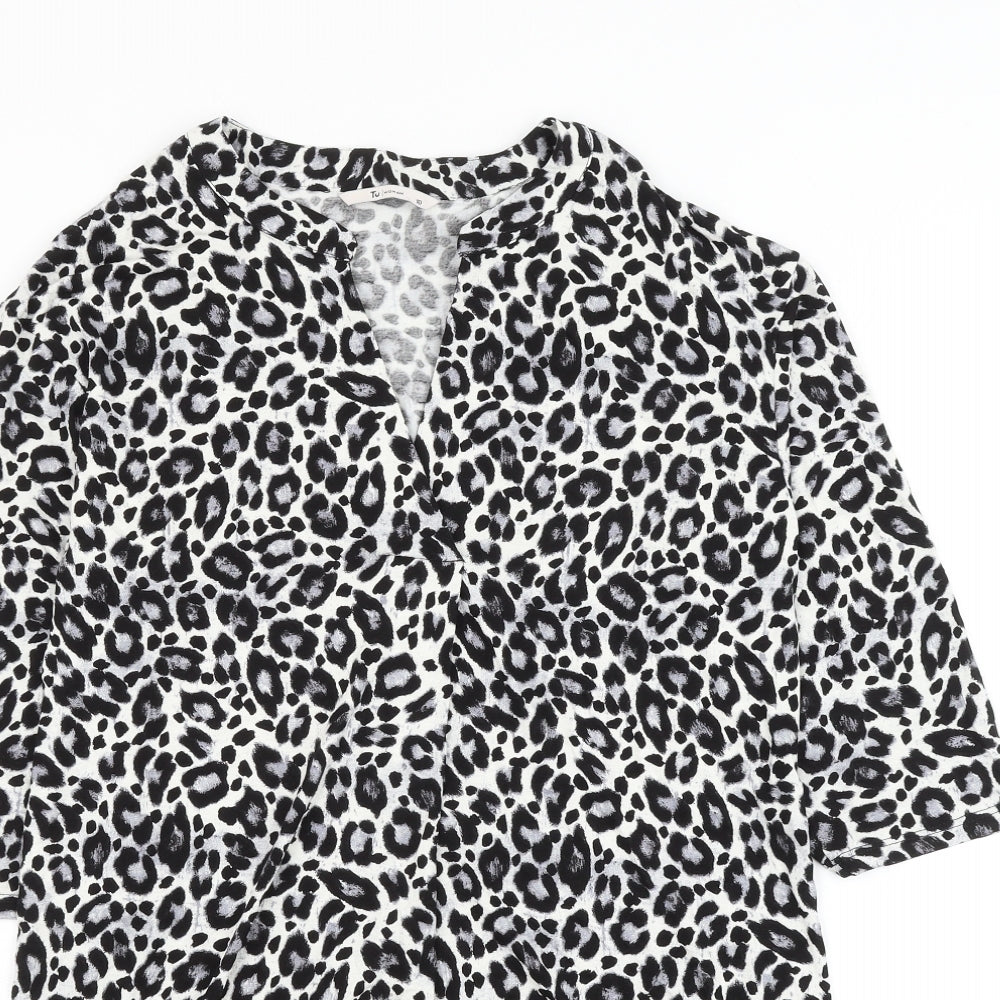 TU Womens White Animal Print Viscose Shift Size 10 V-Neck Pullover - Leopard Print