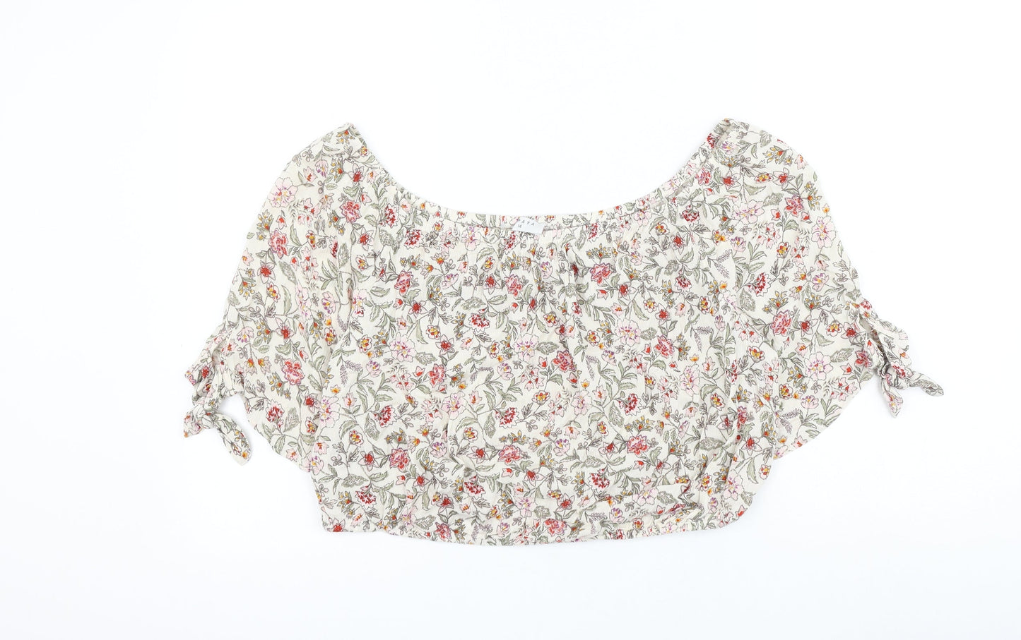 Matalan Womens Ivory Floral Viscose Cropped Blouse Size 14 Boat Neck