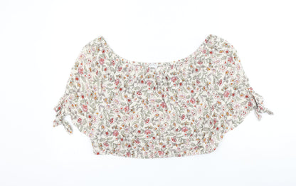 Matalan Womens Ivory Floral Viscose Cropped Blouse Size 14 Boat Neck