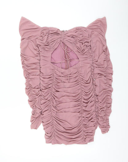 Eighth Hour Womens Pink Nylon Mini Size 12 V-Neck Zip - Ruched