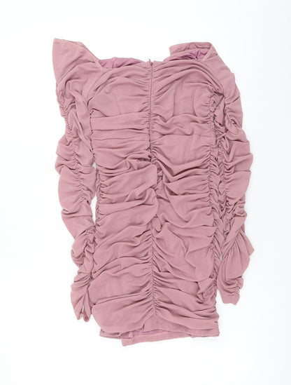 Eighth Hour Womens Pink Nylon Mini Size 12 V-Neck Zip - Ruched