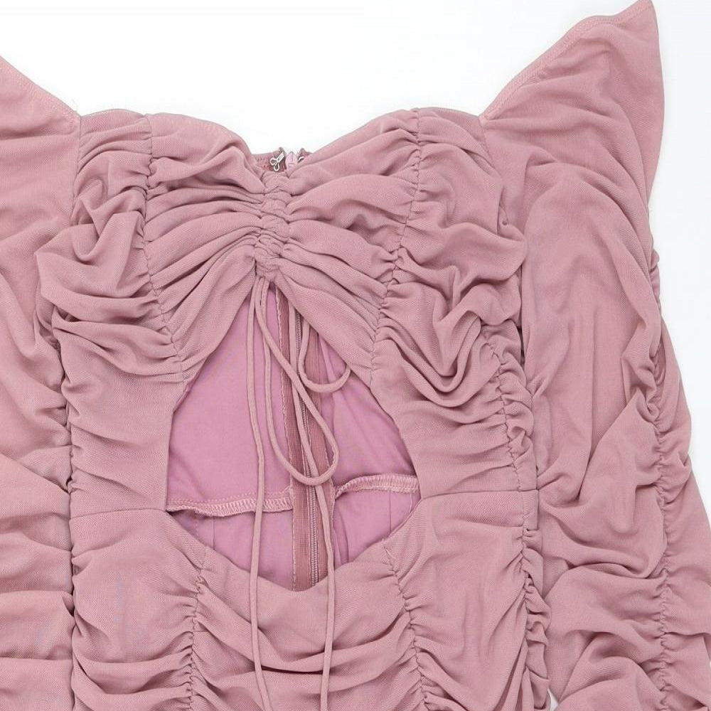 Eighth Hour Womens Pink Nylon Mini Size 12 V-Neck Zip - Ruched