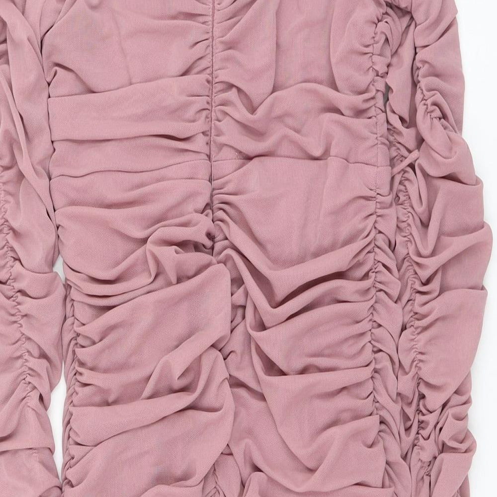 Eighth Hour Womens Pink Nylon Mini Size 12 V-Neck Zip - Ruched