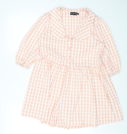 PRETTYLITTLETHING Womens Pink Gingham Polyester A-Line Size 6 Collared Button