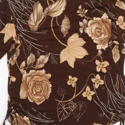 Sonic Womens Brown Floral Polyester Basic T-Shirt Size S V-Neck