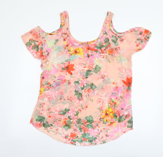 Parisian Collection Womens Multicoloured Floral Polyester Basic Blouse Size 8 Scoop Neck - Cold Shoulder