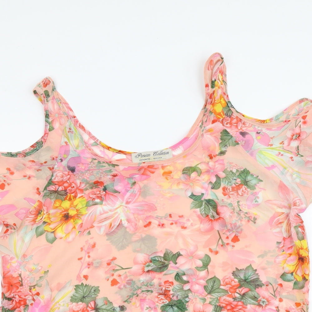 Parisian Collection Womens Multicoloured Floral Polyester Basic Blouse Size 8 Scoop Neck - Cold Shoulder