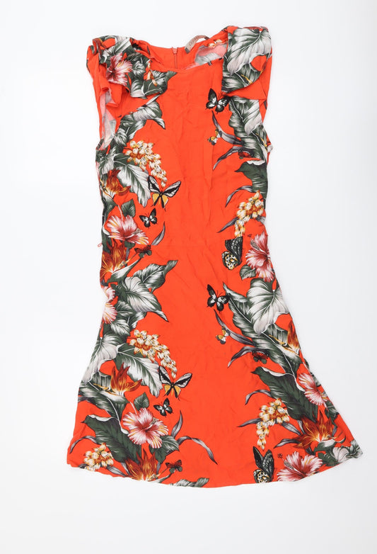 Oasis Womens Red Floral Viscose A-Line Size 8 Round Neck Zip