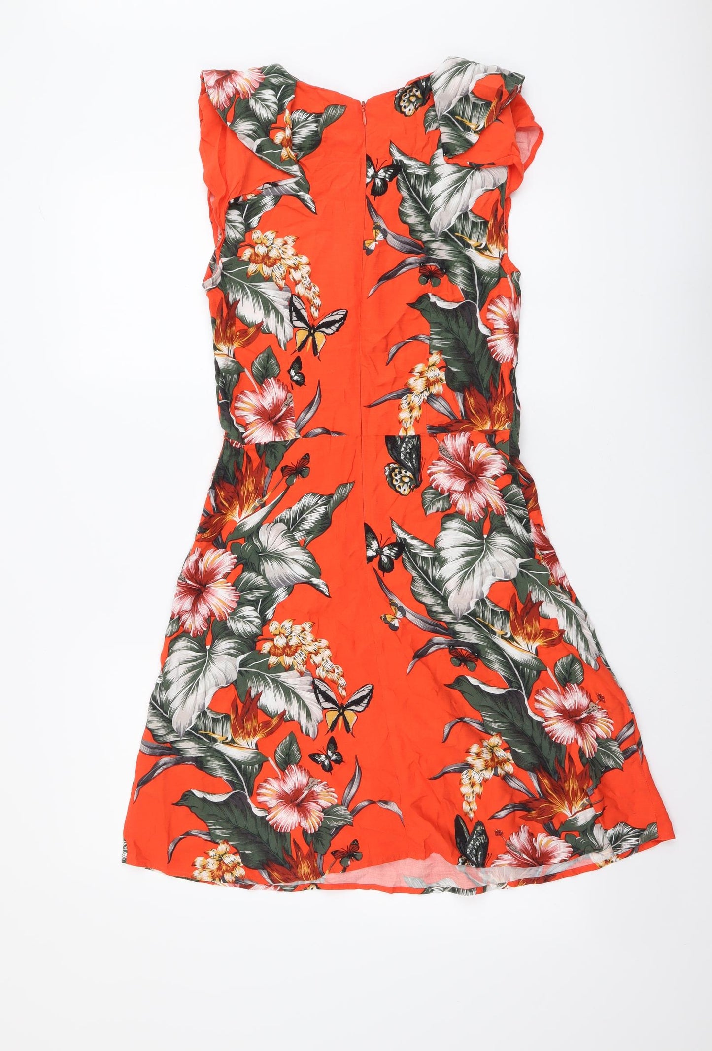 Oasis Womens Red Floral Viscose A-Line Size 8 Round Neck Zip