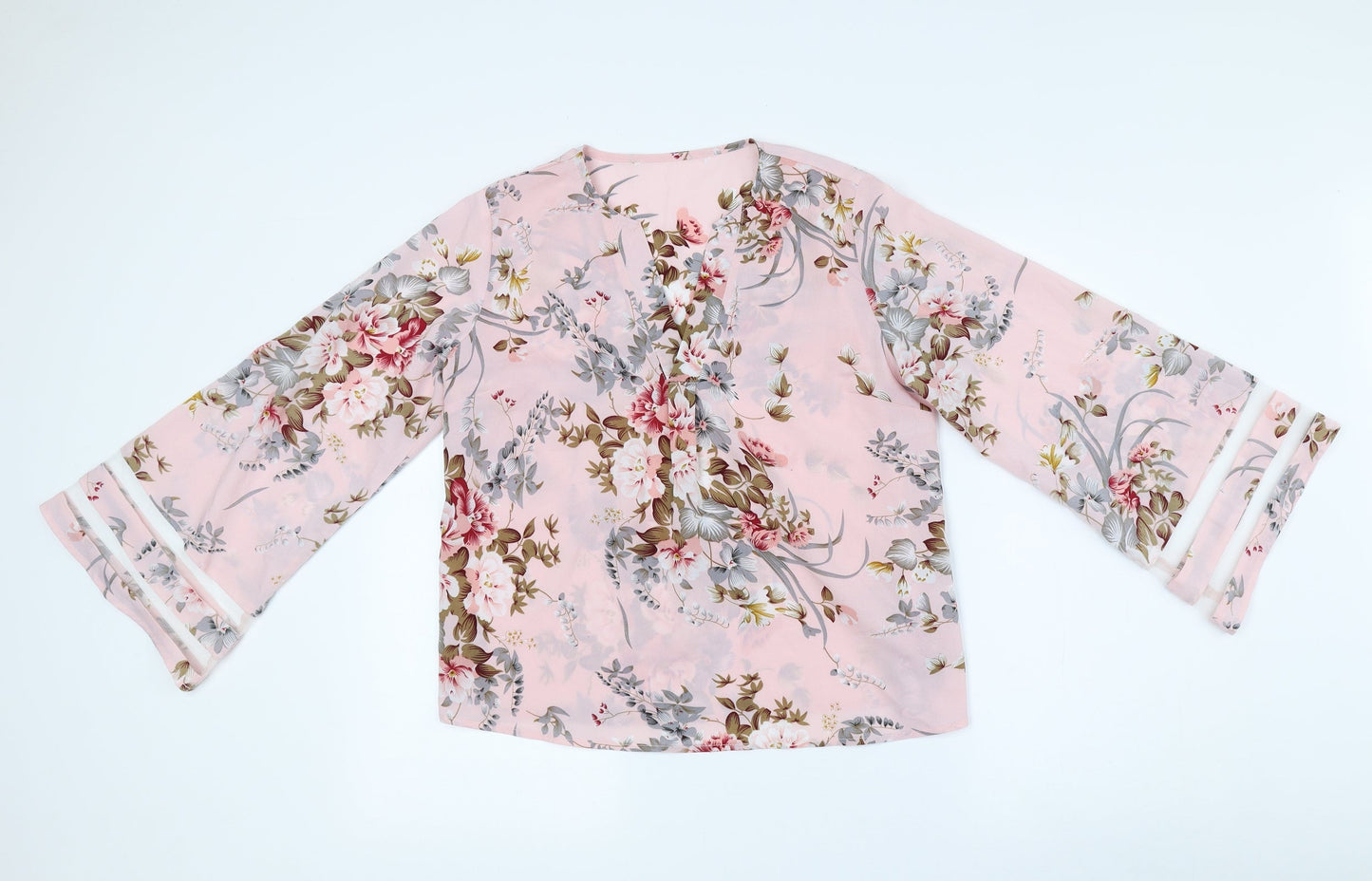 SheIn Womens Pink Floral Polyester Basic Blouse Size S V-Neck - Flared Sleeves