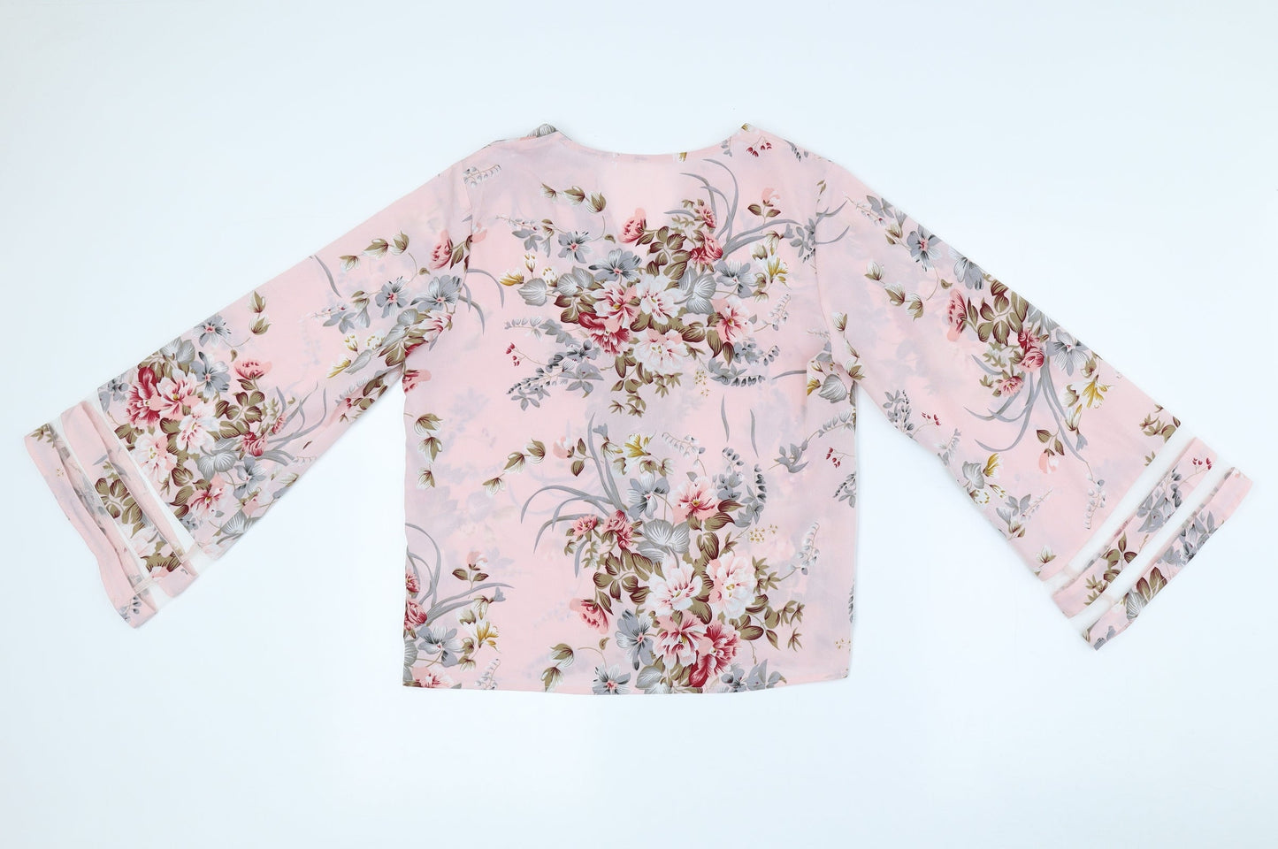 SheIn Womens Pink Floral Polyester Basic Blouse Size S V-Neck - Flared Sleeves