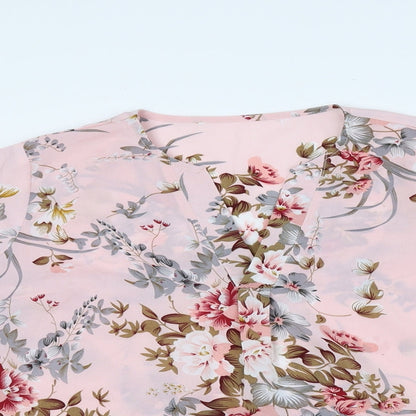 SheIn Womens Pink Floral Polyester Basic Blouse Size S V-Neck - Flared Sleeves