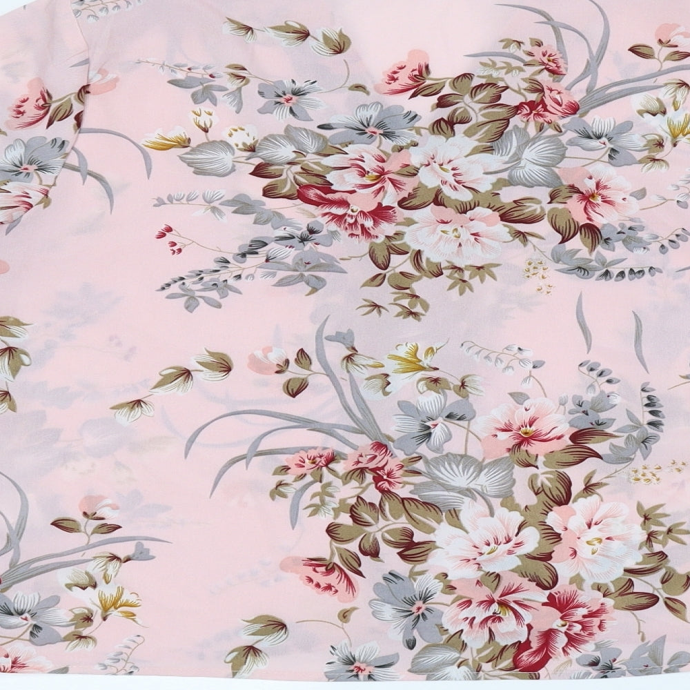 SheIn Womens Pink Floral Polyester Basic Blouse Size S V-Neck - Flared Sleeves