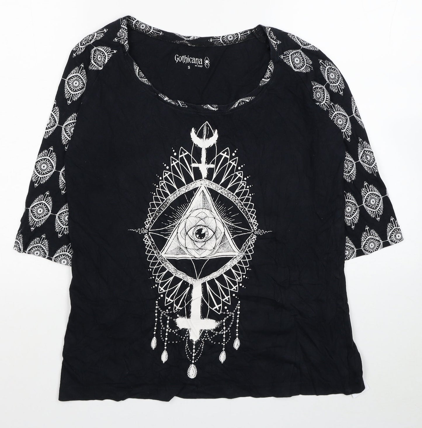 Goticana Womens Black Geometric Cotton Basic Blouse Size S Scoop Neck - Triangle Eye Cross