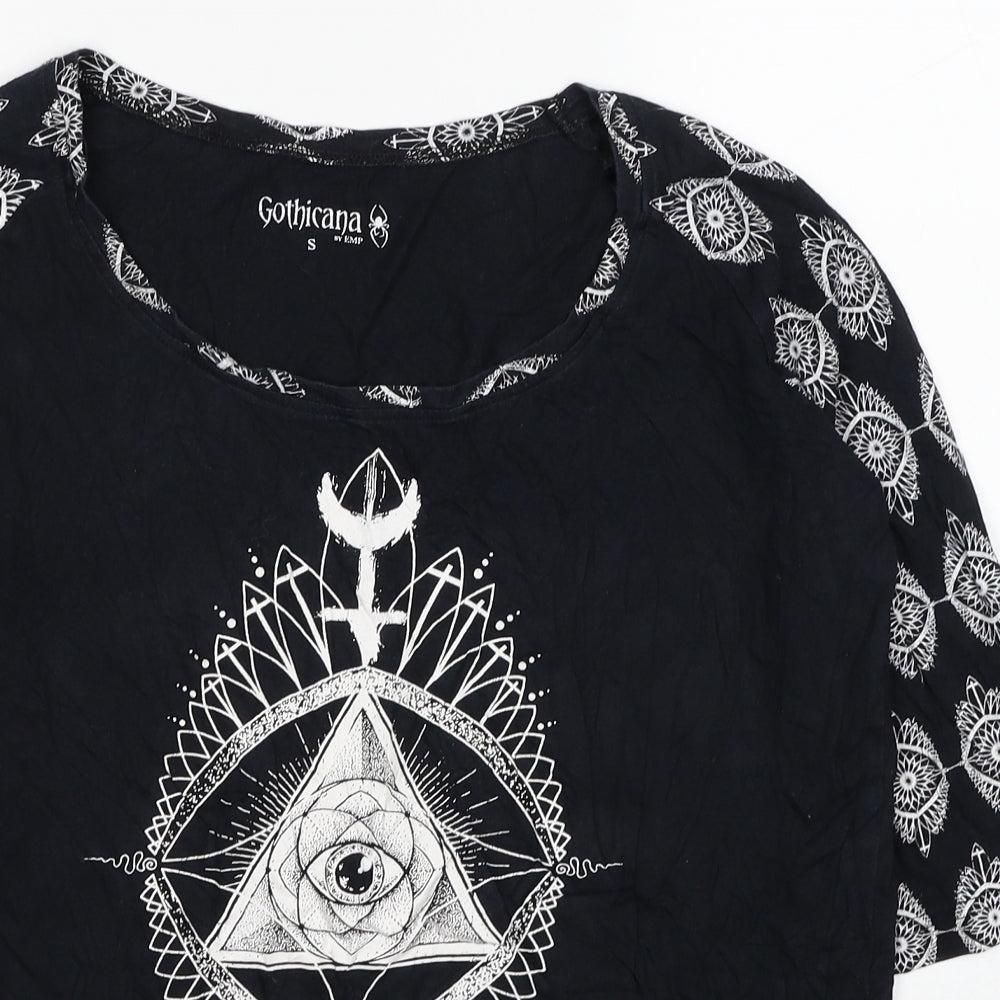 Goticana Womens Black Geometric Cotton Basic Blouse Size S Scoop Neck - Triangle Eye Cross