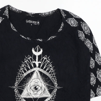 Goticana Womens Black Geometric Cotton Basic Blouse Size S Scoop Neck - Triangle Eye Cross