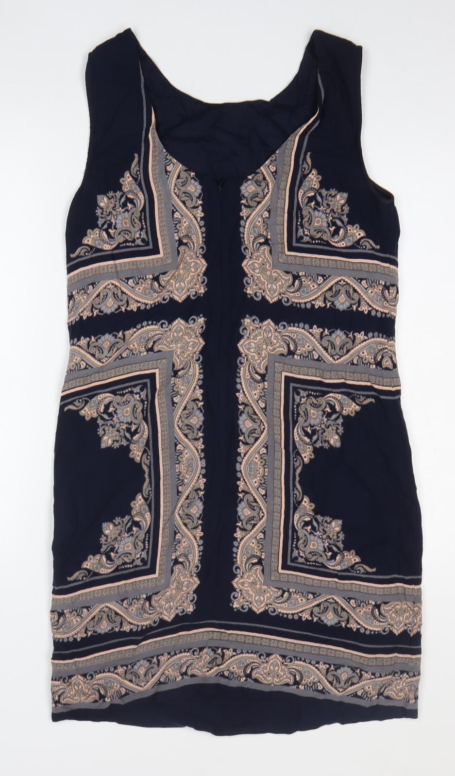 Monsoon Womens Black Geometric Polyester Tank Dress Size 12 Round Neck Zip