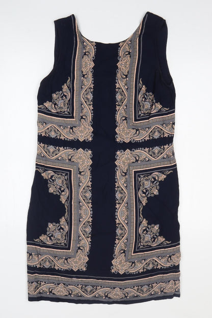 Monsoon Womens Black Geometric Polyester Tank Dress Size 12 Round Neck Zip