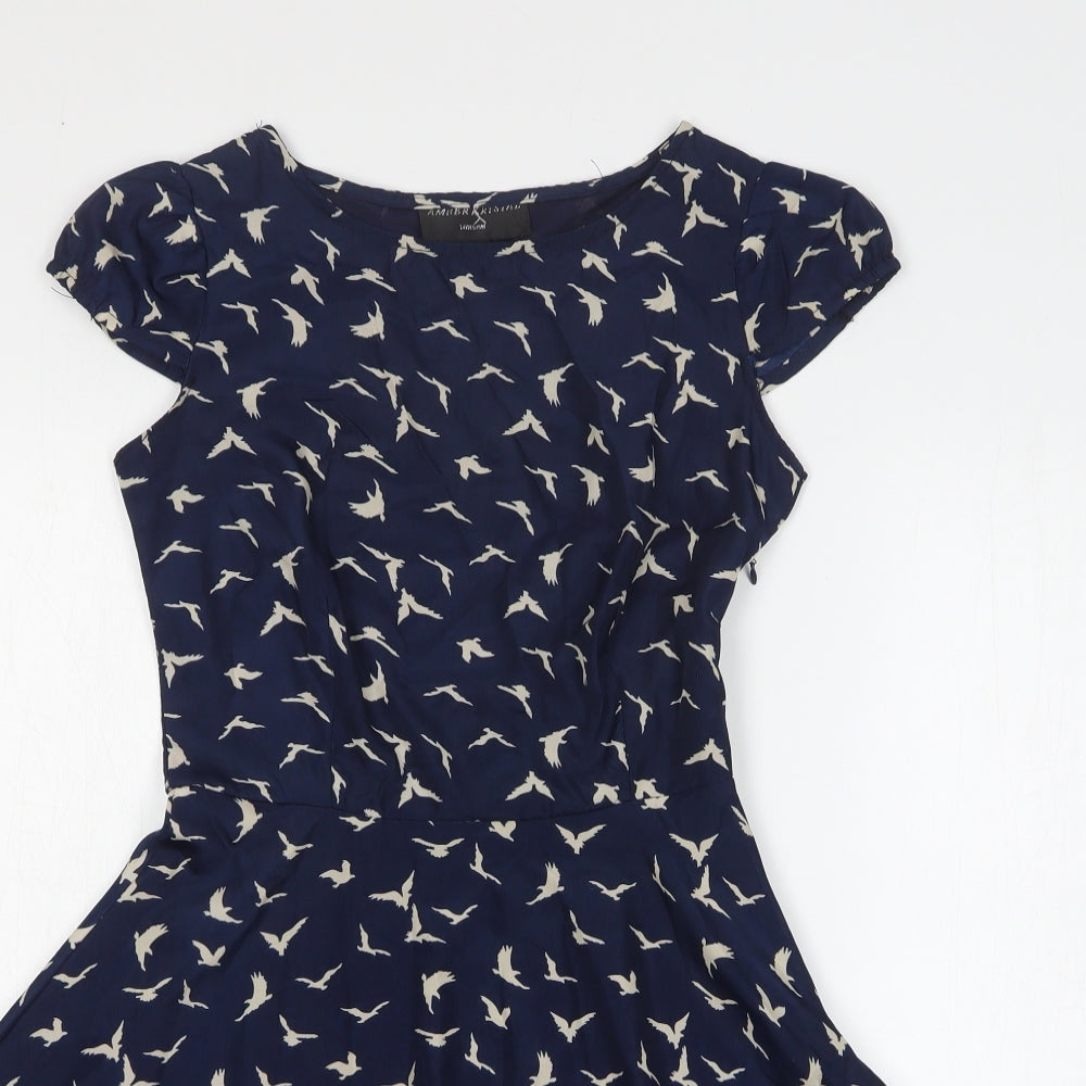 Amber Kristal Womens Blue Geometric Patent Leather Fit & Flare Size S Round Neck Pullover - Bird Print