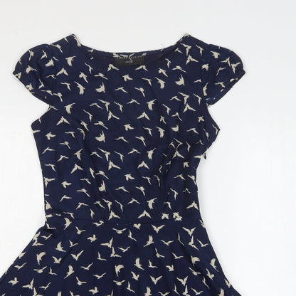 Amber Kristal Womens Blue Geometric Patent Leather Fit & Flare Size S Round Neck Pullover - Bird Print