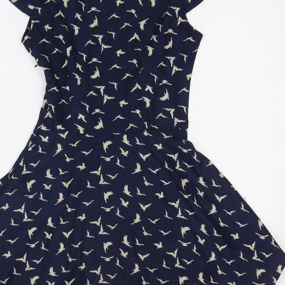 Amber Kristal Womens Blue Geometric Patent Leather Fit & Flare Size S Round Neck Pullover - Bird Print