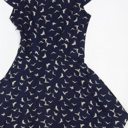 Amber Kristal Womens Blue Geometric Patent Leather Fit & Flare Size S Round Neck Pullover - Bird Print
