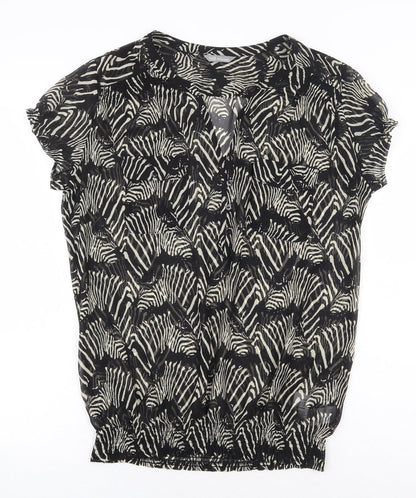 Marks and Spencer Womens Black Animal Print Polyester Basic Blouse Size 10 V-Neck - Zebra Print