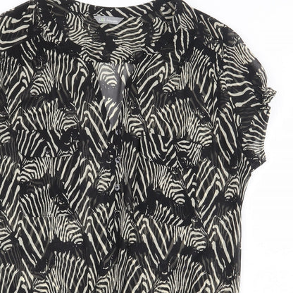 Marks and Spencer Womens Black Animal Print Polyester Basic Blouse Size 10 V-Neck - Zebra Print