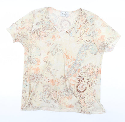 Maliella Gelli Womens Beige Floral Polyester Basic Blouse Size 14 V-Neck - Size 14/16