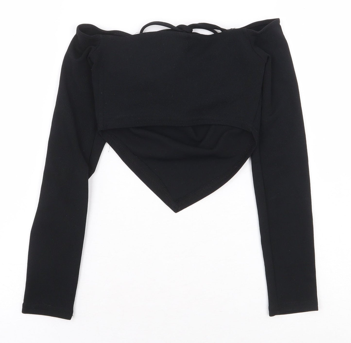 PRETTYLITTLETHING Womens Black Polyester Cropped Blouse Size 6 V-Neck - Asymmetric