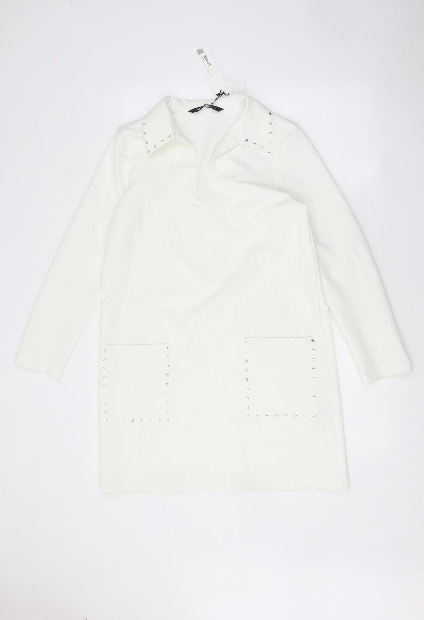 Zara Womens White Polyester A-Line Size XS Round Neck Pullover