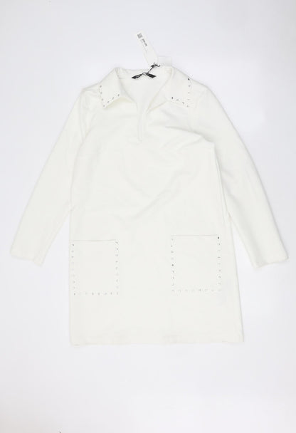 Zara Womens White Polyester A-Line Size XS Round Neck Pullover