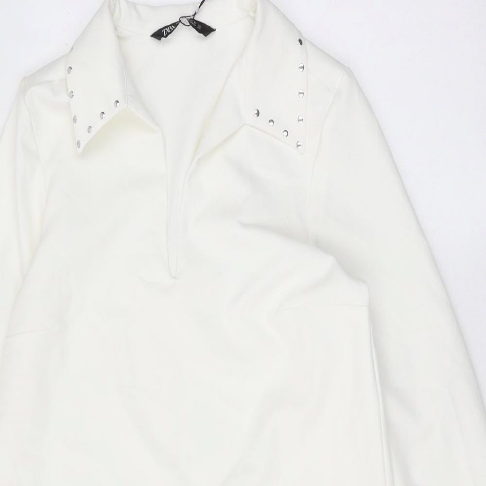 Zara Womens White Polyester A-Line Size XS Round Neck Pullover