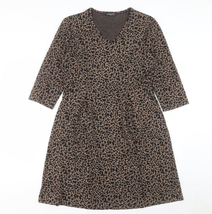 Collection London Womens Brown Animal Print Polyester A-Line Size 14 V-Neck Pullover