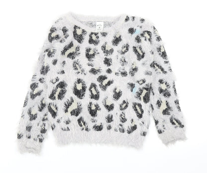 Miss Understood Girls Grey Round Neck Animal Print Acrylic Pullover Jumper Size 9 Years Pullover - Leopard Print
